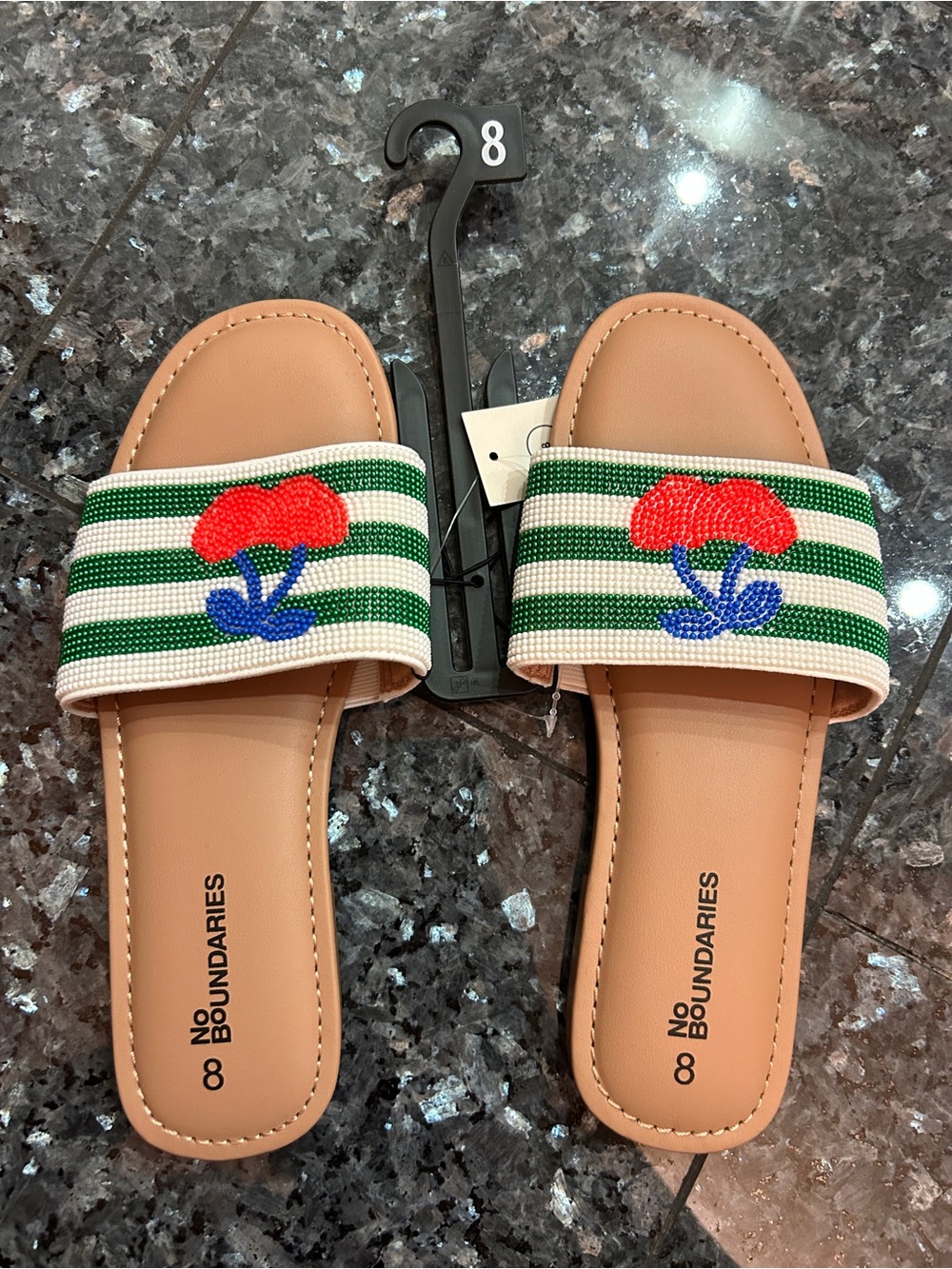 No Boundaries Tan Slide Sandals with Green-Striped Floral Strap